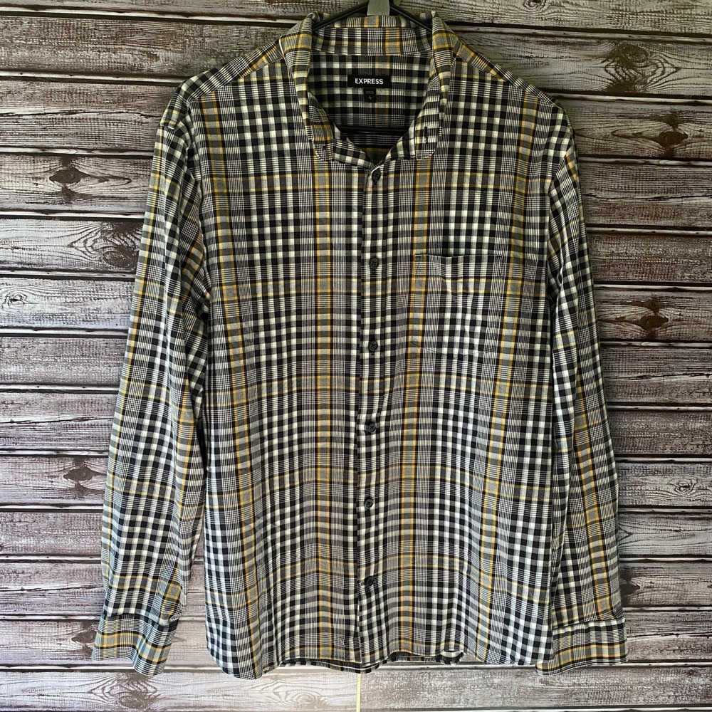 Express Men's Long-Sleeved Button-Down Shirt Size L Black White Yellow Plaid